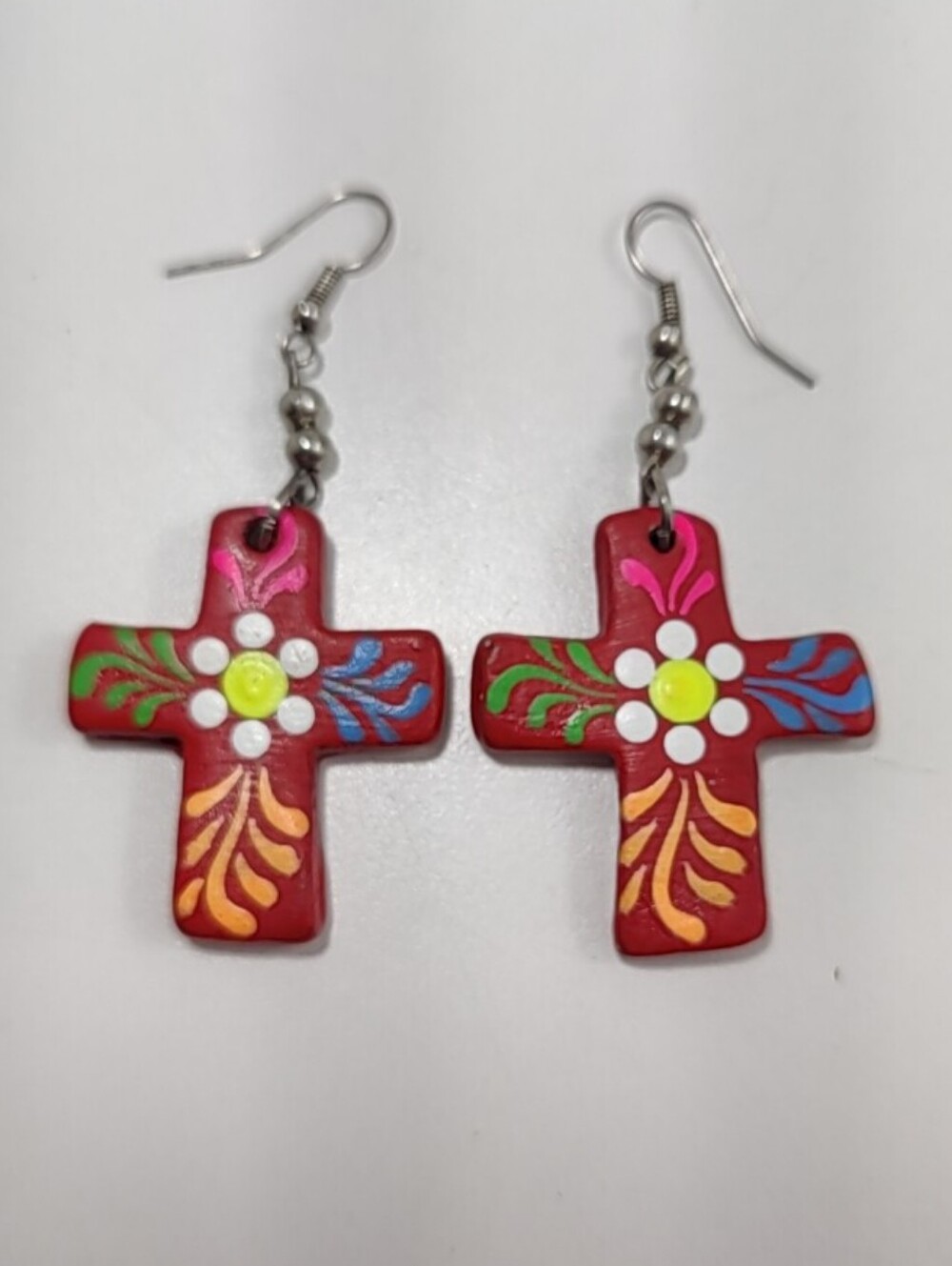 Colorful Painted Cross Dangle Earrings Floral Folk Art Clay Ceramic Style